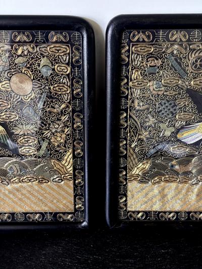 Pair Framed Superb Chinese Qing Dynasty Embroidered Peacock Third Rank Badge