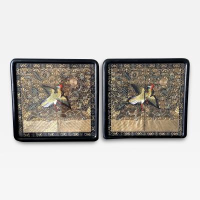 Pair Framed Superb Chinese Qing Dynasty Embroidered Peacock Third Rank Badge