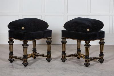 Pair French 19thC Ebonised Gilt Velvet Stools