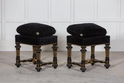 Pair French 19thC Ebonised Gilt Velvet Stools