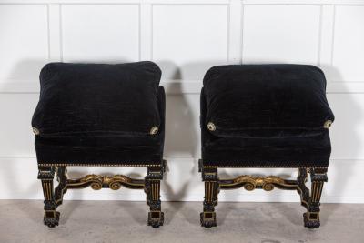 Pair French 19thC Ebonised Gilt Velvet Stools