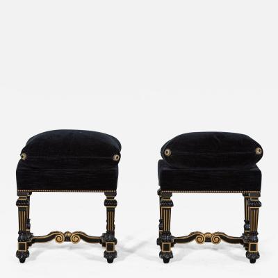 Pair French 19thC Ebonised Gilt Velvet Stools