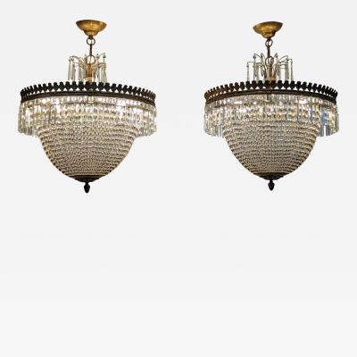 Pair French Antique Crystal Bronze Basket Chandeliers