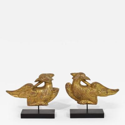 Pair French Early 19th Century Hand Carved Giltwood Empire Style bird Ornaments