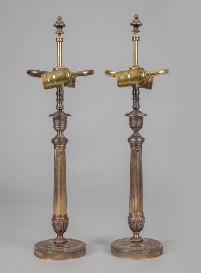Pair French Empire Gilt Bronze Candlestick Lamps a Pair