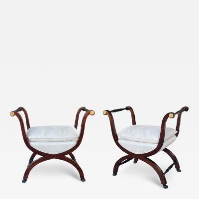 Pair French Empire Mahogany Curule Benches with Ebonized Gilt Highlights