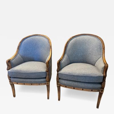 Pair French Empire Style Barrel Back Bergeres c 1930 1940