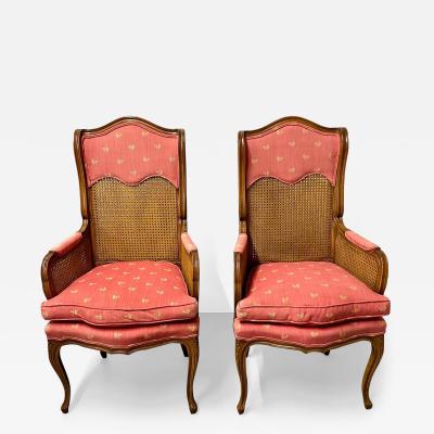 Pair French Louis XV Style Cane Occasional Armchairs Wingbacks France 1960s