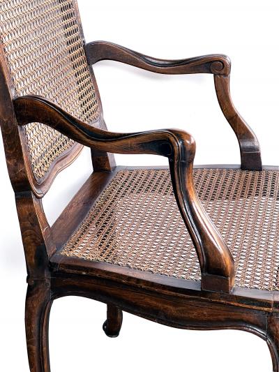 Pair French Louis XV Style Open Armchairs with Caned Seats and Backs