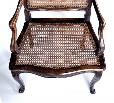 Pair French Louis XV Style Open Armchairs with Caned Seats and Backs