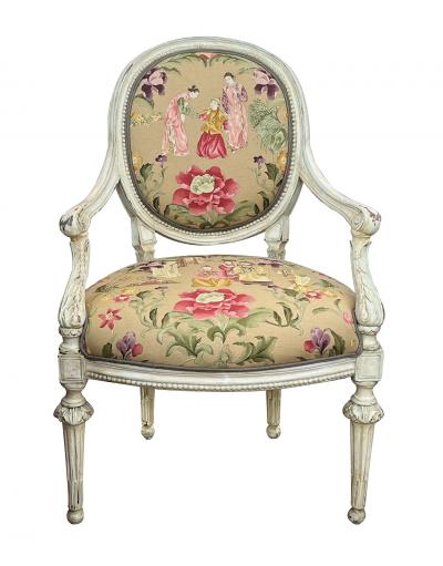 Pair French Louis XVI Ivory Painted Oval Back Arm Chairs with Celadon Highlights
