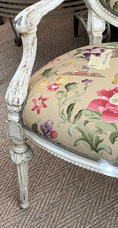 Pair French Louis XVI Ivory Painted Oval Back Arm Chairs with Celadon Highlights