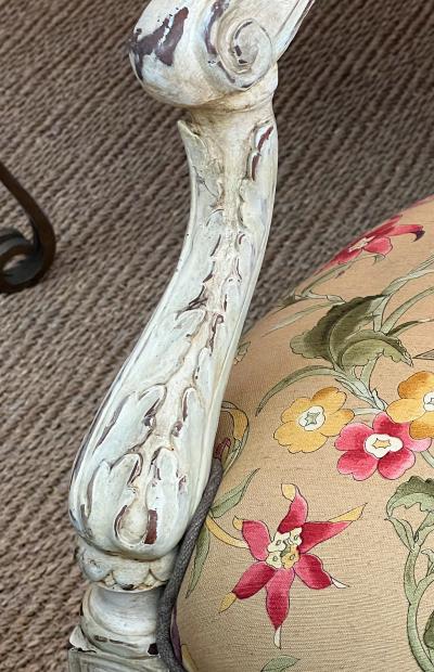 Pair French Louis XVI Ivory Painted Oval Back Arm Chairs with Celadon Highlights