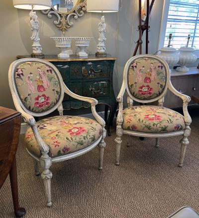 Pair French Louis XVI Ivory Painted Oval Back Arm Chairs with Celadon Highlights