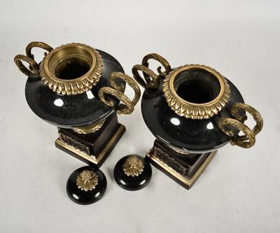 Pair French Marble and Bronze Covered Urns or Gernitures