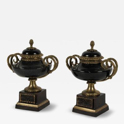 Pair French Marble and Bronze Covered Urns or Gernitures