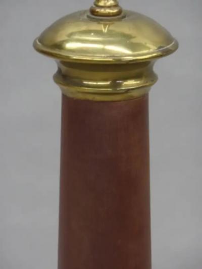 Pair French Mid Century Modern Brass Enamel Table Lamps Hand Painted Shades