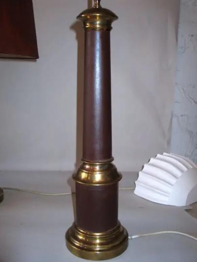 Pair French Mid Century Modern Brass Enamel Table Lamps Hand Painted Shades