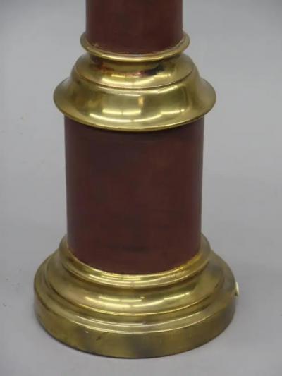 Pair French Mid Century Modern Brass Enamel Table Lamps Hand Painted Shades
