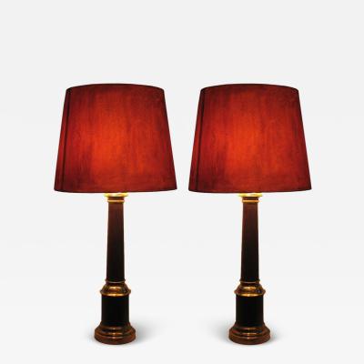 Pair French Mid Century Modern Brass Enamel Table Lamps Hand Painted Shades