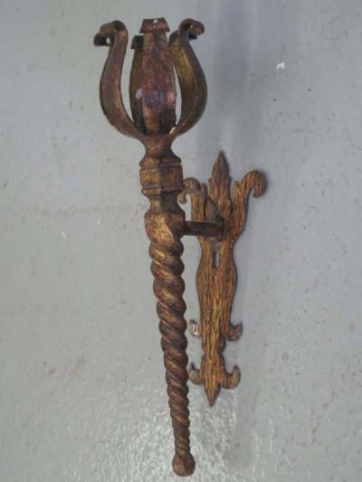 Pair French Mid Century Modern Neoclassical Gilt Iron Torch Sconces Poillerat