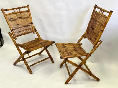 Pair French Modern Neoclassical Bamboo Rattan Lounge Side Chairs