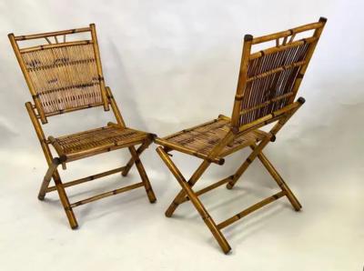 Pair French Modern Neoclassical Bamboo Rattan Lounge Side Chairs