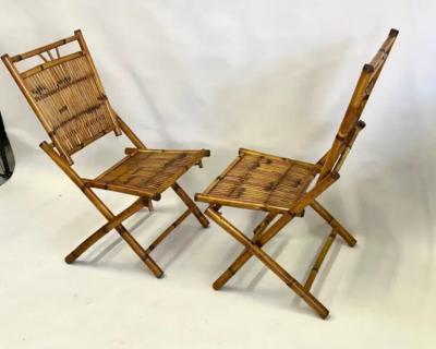 Pair French Modern Neoclassical Bamboo Rattan Lounge Side Chairs
