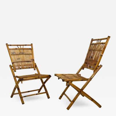Pair French Modern Neoclassical Bamboo Rattan Lounge Side Chairs