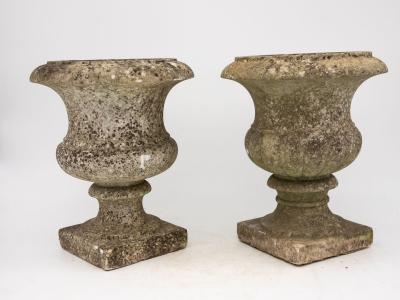 Pair French Stone Neoclassical Urns 20th century