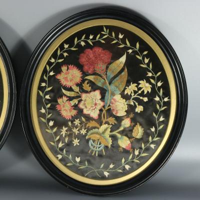Pair Georgian Silkwork Embroideries of Flowers