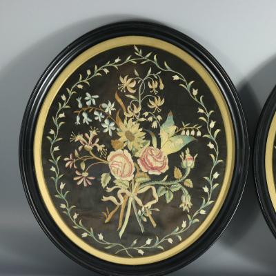Pair Georgian Silkwork Embroideries of Flowers