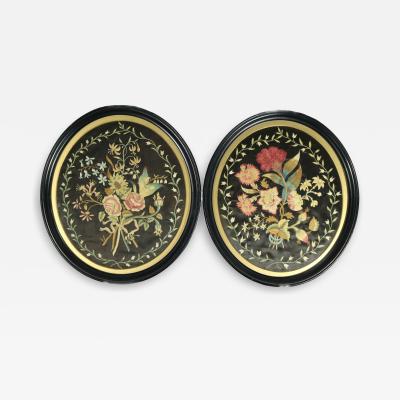 Pair Georgian Silkwork Embroideries of Flowers