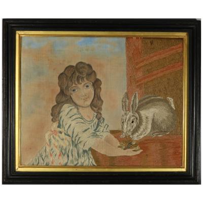 Pair Georgian Woolwork Embroidered Pictures of Girls with Pets