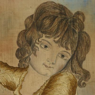 Pair Georgian Woolwork Embroidered Pictures of Girls with Pets