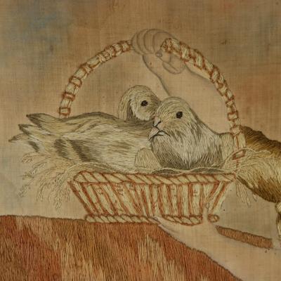 Pair Georgian Woolwork Embroidered Pictures of Girls with Pets