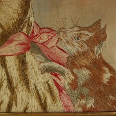 Pair Georgian Woolwork Embroidered Pictures of Girls with Pets