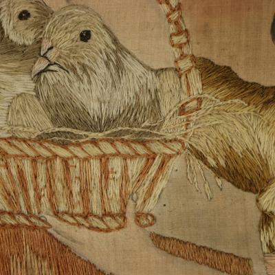 Pair Georgian Woolwork Embroidered Pictures of Girls with Pets