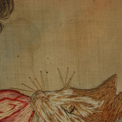 Pair Georgian Woolwork Embroidered Pictures of Girls with Pets