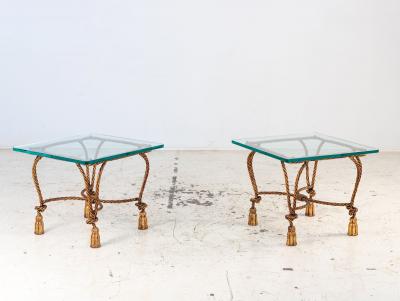 Pair Gilded Hollywood Regency Metal Rope Tassel Side Tables 1970s France
