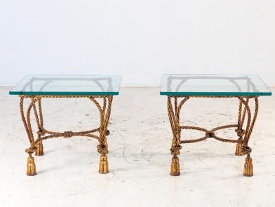 Pair Gilded Hollywood Regency Metal Rope Tassel Side Tables 1970s France