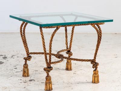 Pair Gilded Hollywood Regency Metal Rope Tassel Side Tables 1970s France