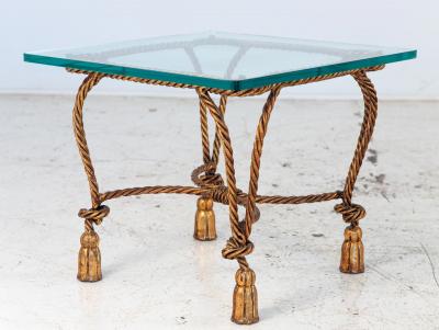 Pair Gilded Hollywood Regency Metal Rope Tassel Side Tables 1970s France