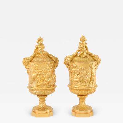 Pair Gilt Bronze Covered Decorative Urns