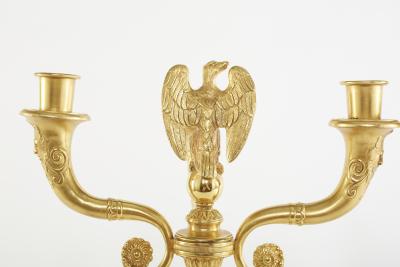 Pair Gilt Bronze Marble Base Three Arms Candelabra