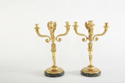 Pair Gilt Bronze Marble Base Three Arms Candelabra
