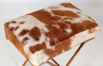 Pair Gilt iron Cowhide X frame Benches in the Jean Michel Frank Manner