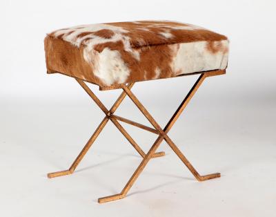 Pair Gilt iron Cowhide X frame Benches in the Jean Michel Frank Manner