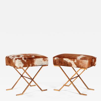 Pair Gilt iron Cowhide X frame Benches in the Jean Michel Frank Manner