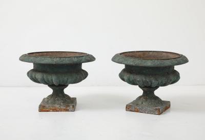 Pair Green Cast iron Urns France Early 20th C 